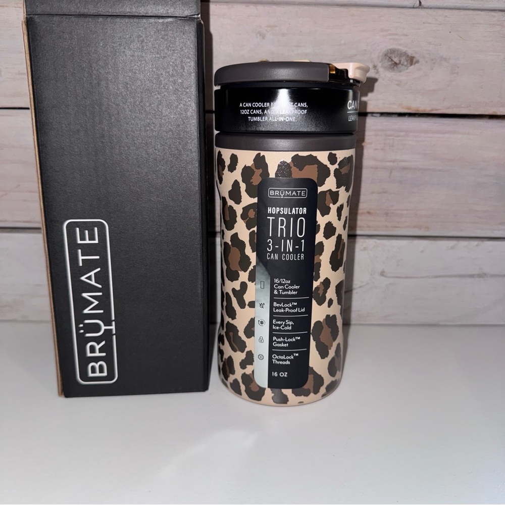 Brumate Hopsulator Trio Can Cooler Tumbler Leopard Latte Limited Edition 12/16oz